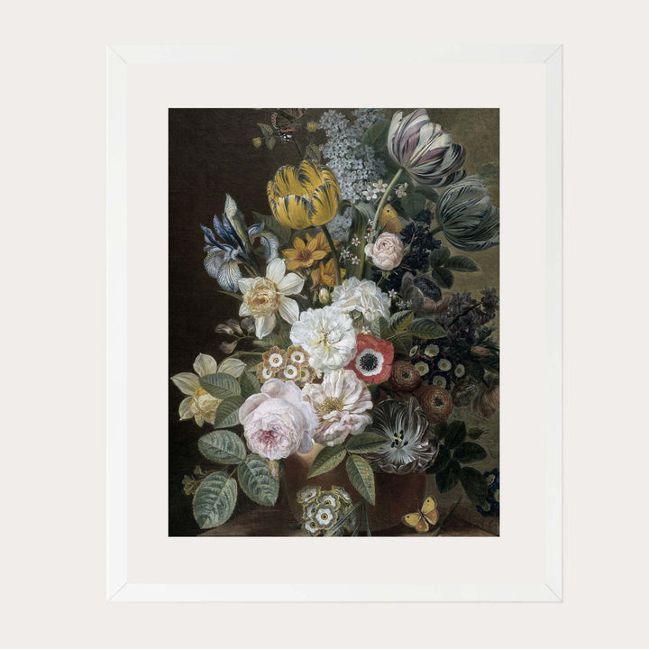 Vintage still life flower painting of roses, primroses, tulips on a dark background
