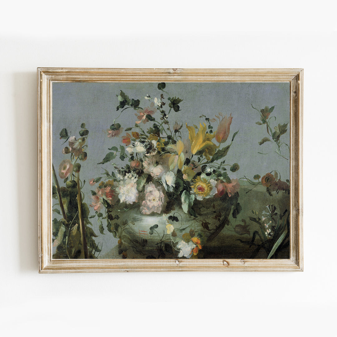 vase of flowers print in a rustic wooden frame