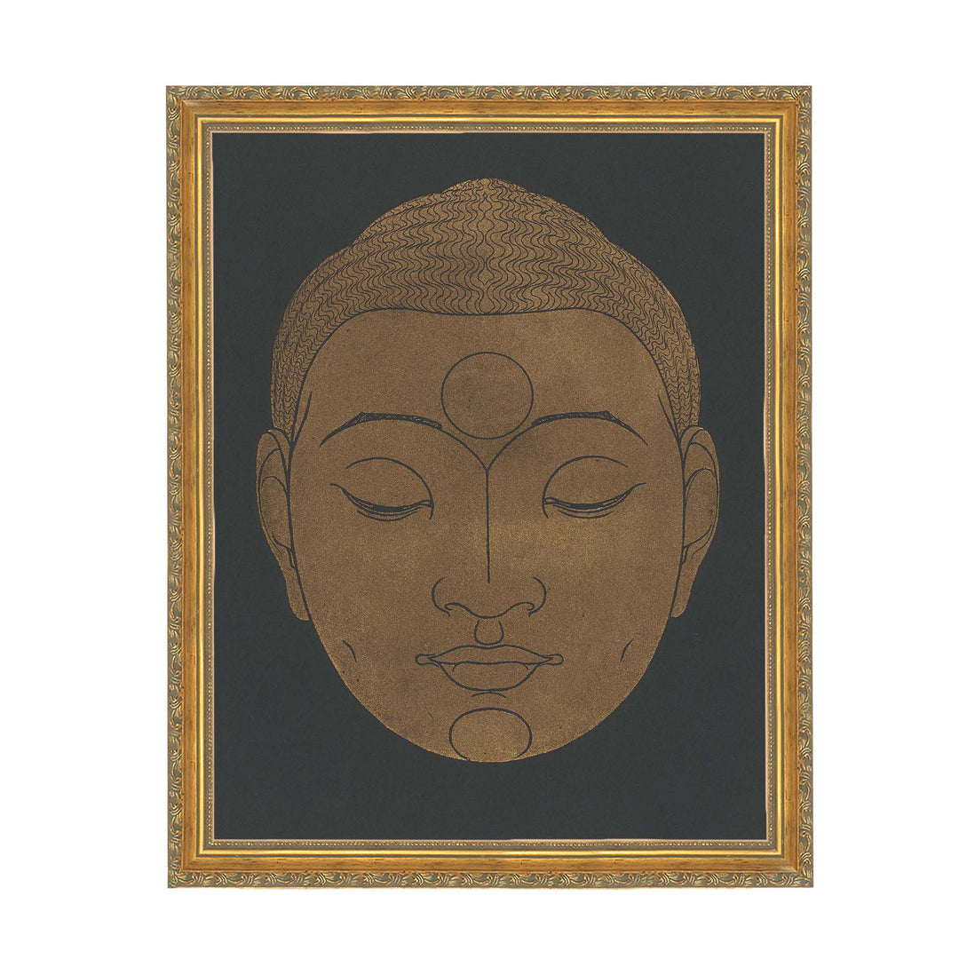 image of a Buddha head in beige on a black background