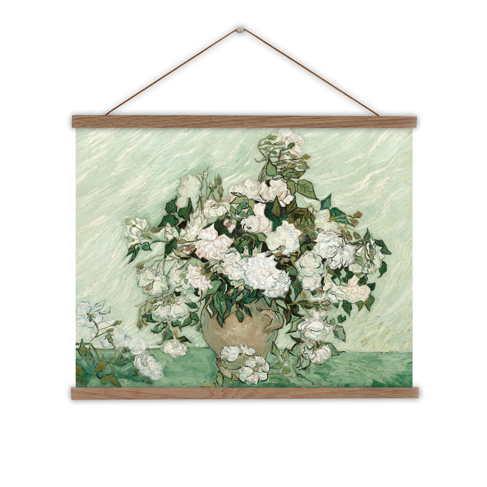 Van gogh white roses on a green background canvas wall hanging