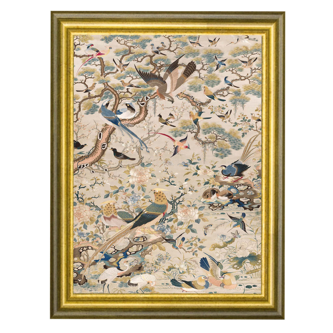 Chinoiserie wall art showing several colourful birds on branches on a light pink background