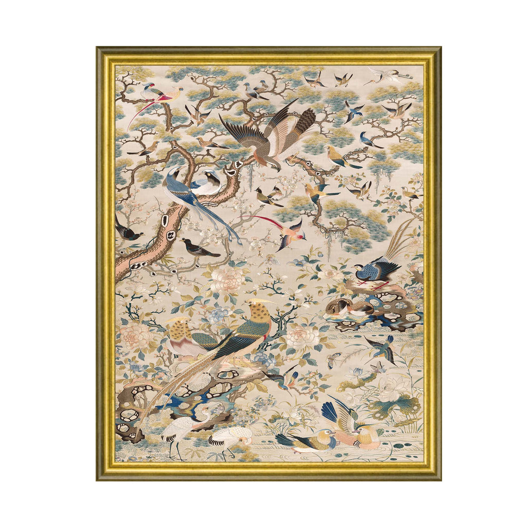Chinoiserie wall art showing several colourful birds on branches on a light pink background