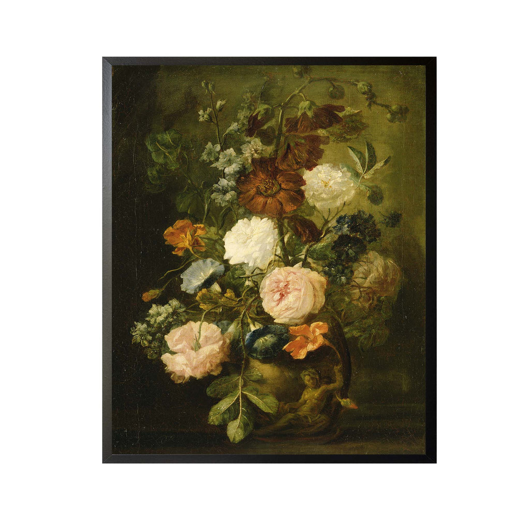 Still life vintage painting of orange, coral and brown flowers in a vase against a moody dark background