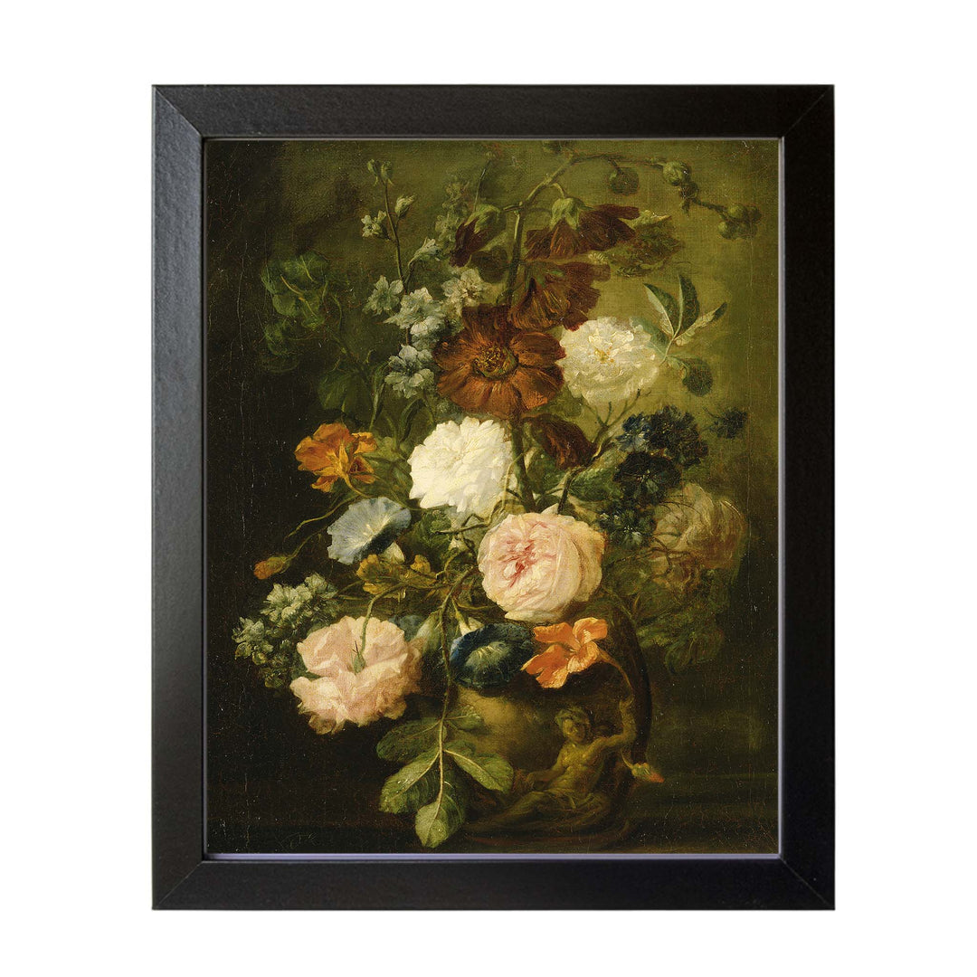 Still life vintage painting of orange, coral and brown flowers in a vase against a moody dark background