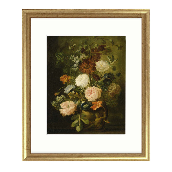 Still life vintage painting of orange, coral and brown flowers in a vase against a moody dark background