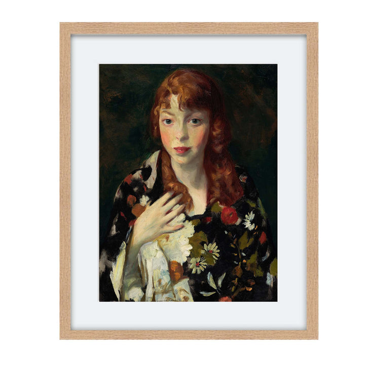 Vintage portrait painting of a woman with red hair in a colourful Kimono