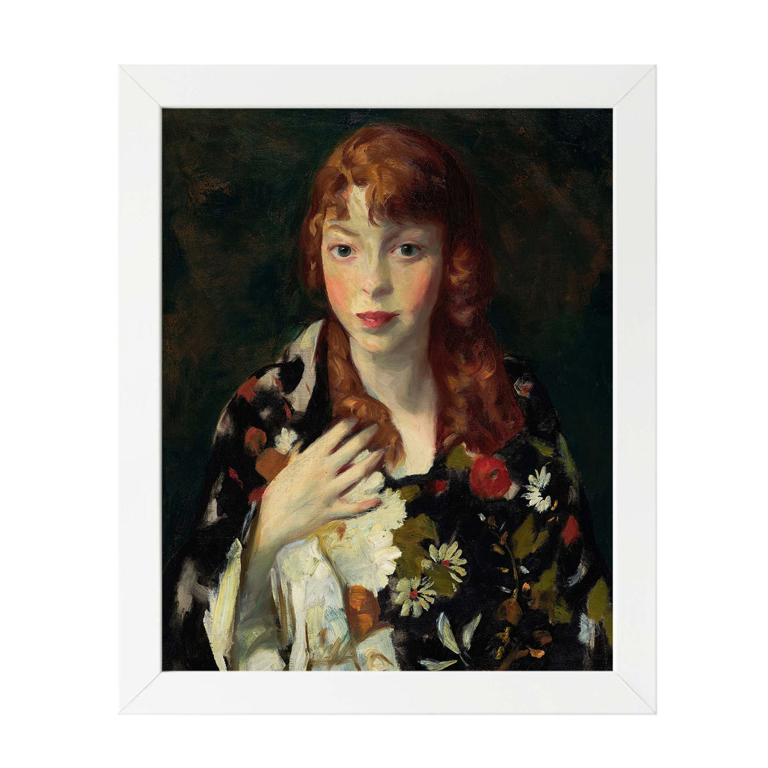 Vintage portrait painting of a woman with red hair in a colourful Kimono