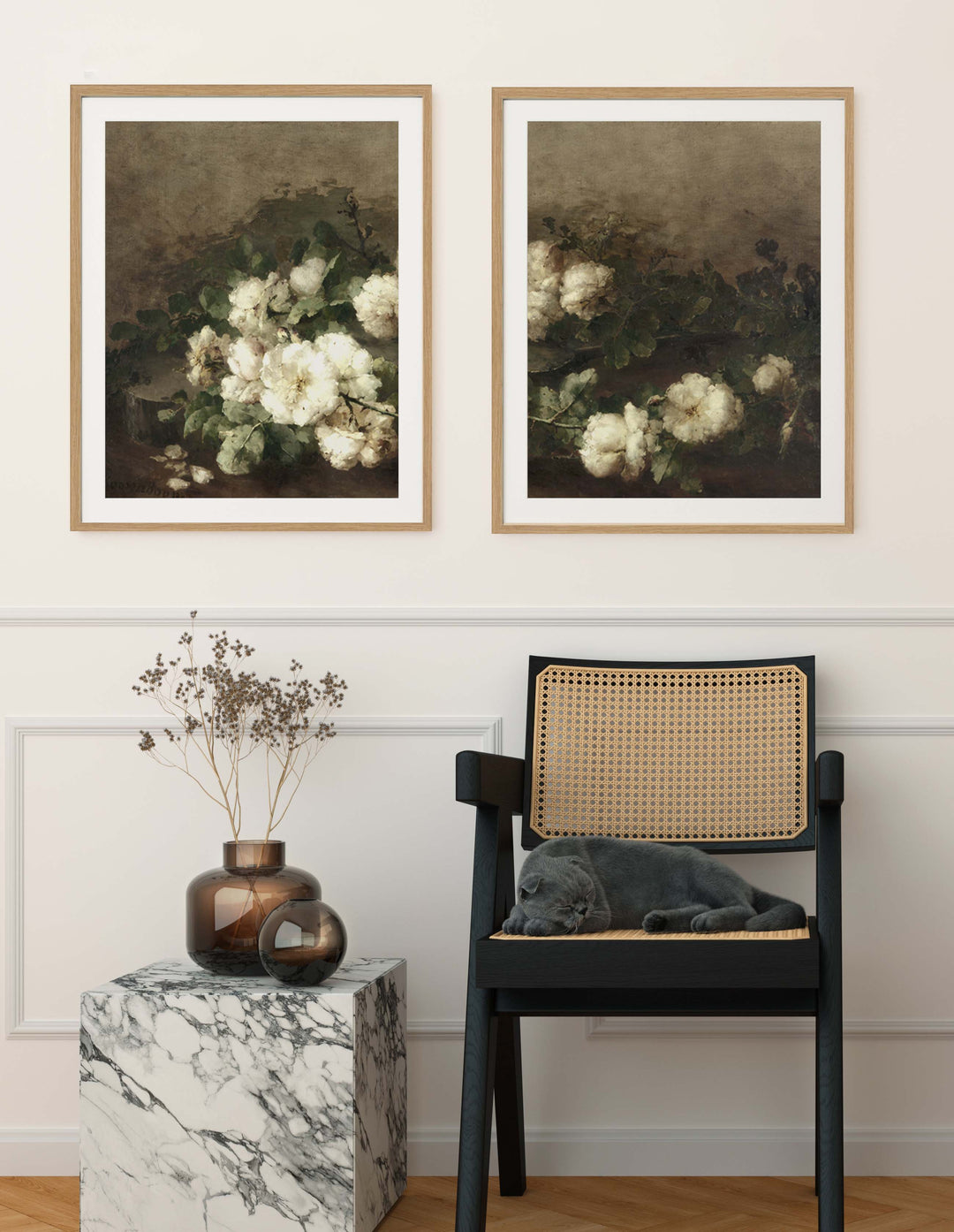 Set of two framed prints of vintage roses and a guitar 