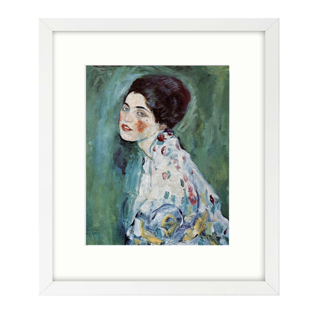 Portrait painting by Gustav Klimt of a young lady on a turquoise background