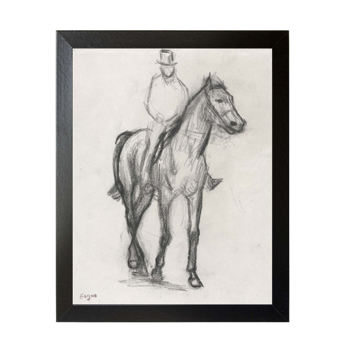 Charcoal sketch of a gentleman in a top hat on the back of a horse by Edgar Degas