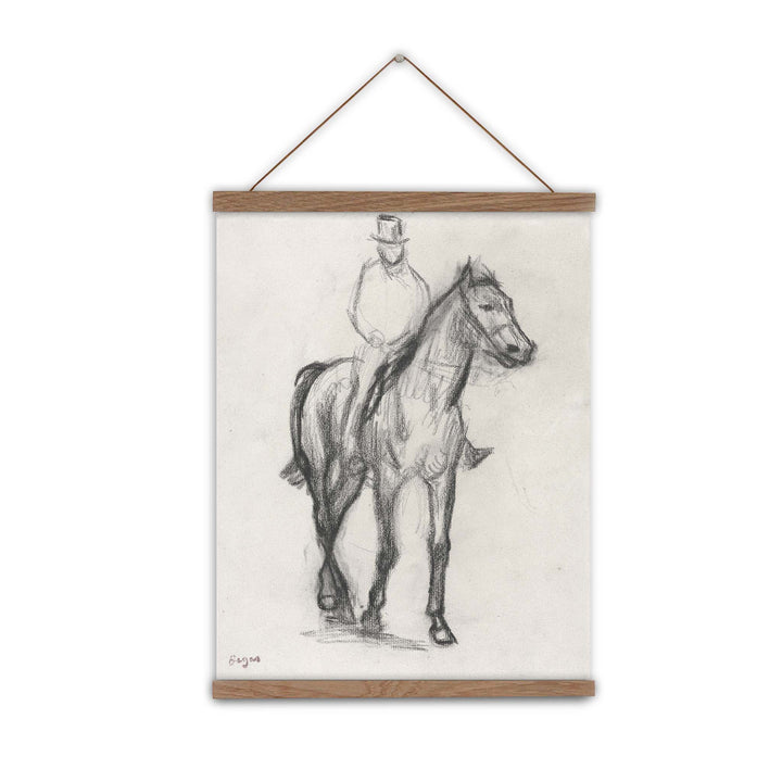 Charcoal sketch of a gentleman in a top hat on the back of a horse by Edgar Degas