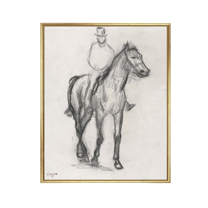 Charcoal sketch of a gentleman in a top hat on the back of a horse by Edgar Degas