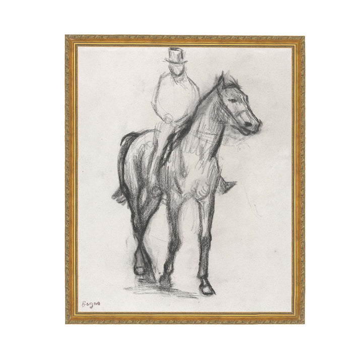 Charcoal sketch of a gentleman in a top hat on the back of a horse by Edgar Degas