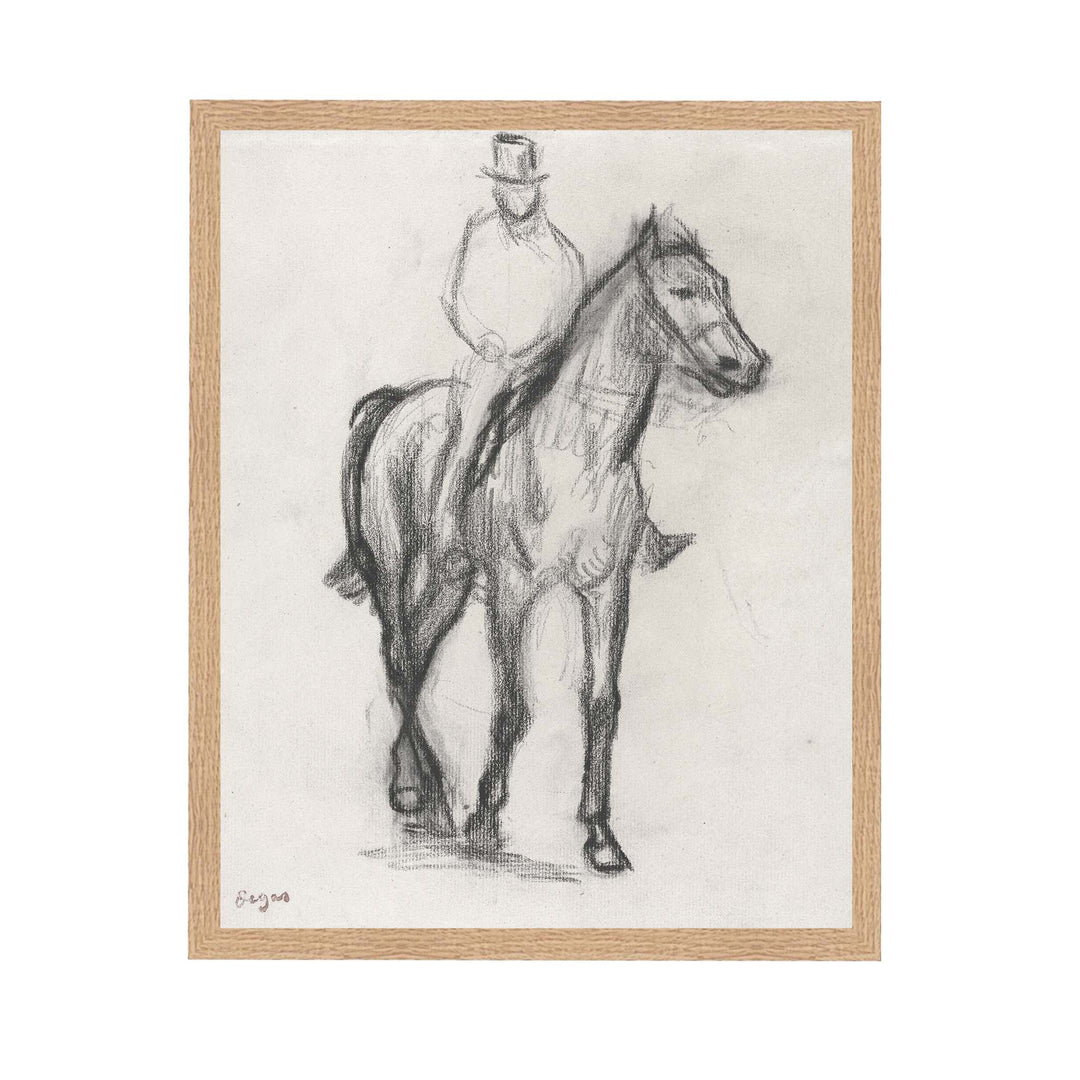 Charcoal sketch of a gentleman in a top hat on the back of a horse by Edgar Degas