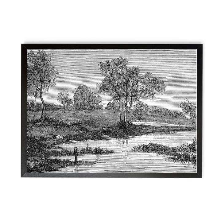 Vintage etching of a man standing beside a lake