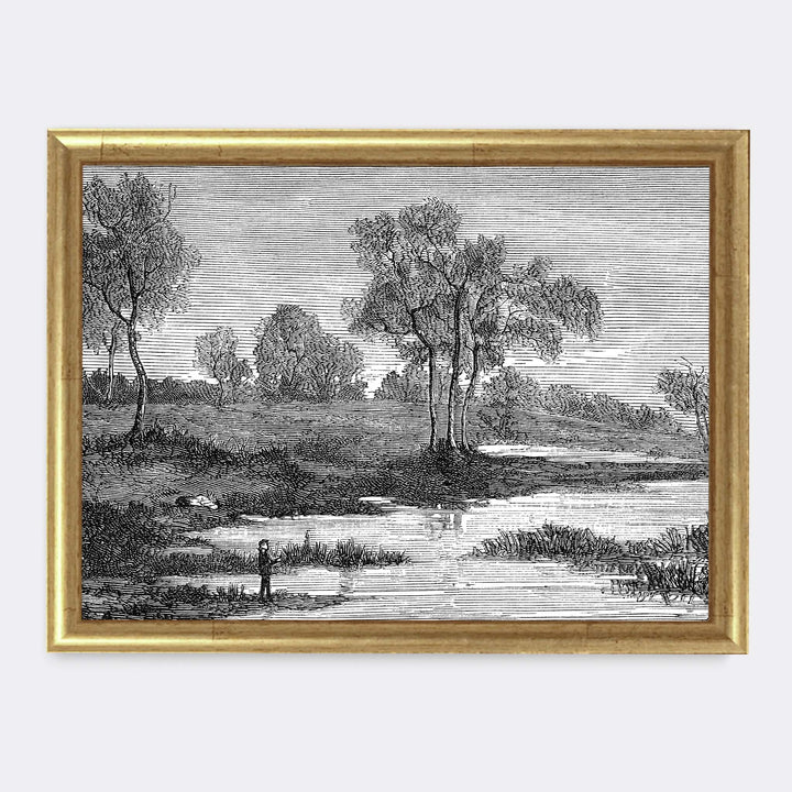 Vintage etching of a man standing beside a lake