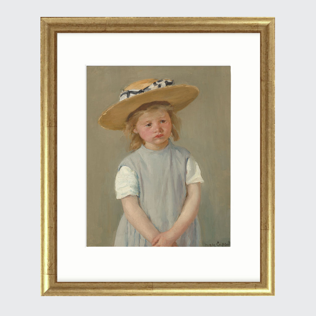 Portrait painting of a young girl in a blue dress and straw hat with her hands together.
