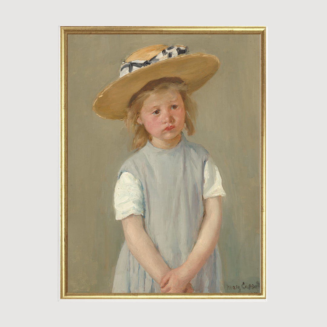 Portrait painting of a young girl in a blue dress and straw hat with her hands together.