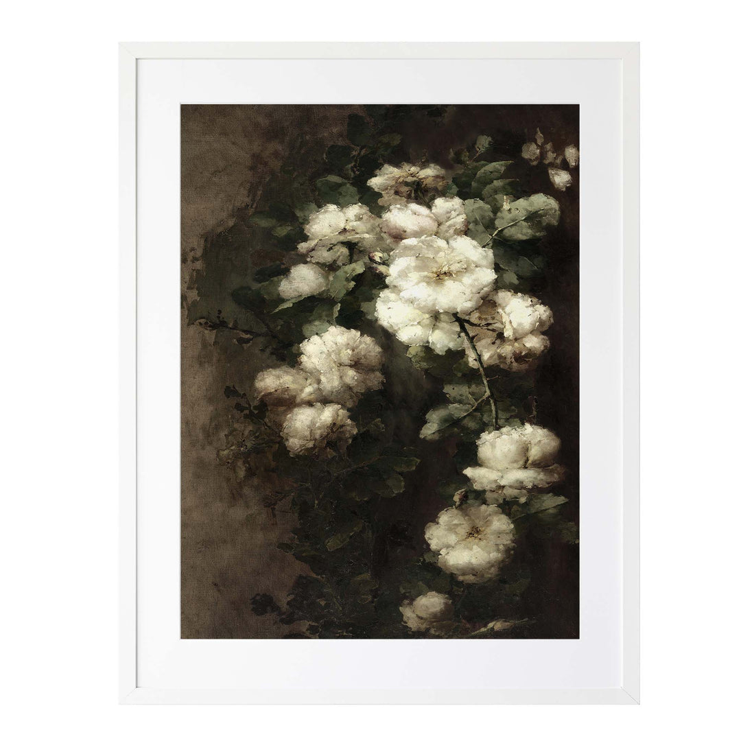 Vintage painting of white roses cascading down a dark and moody backgound