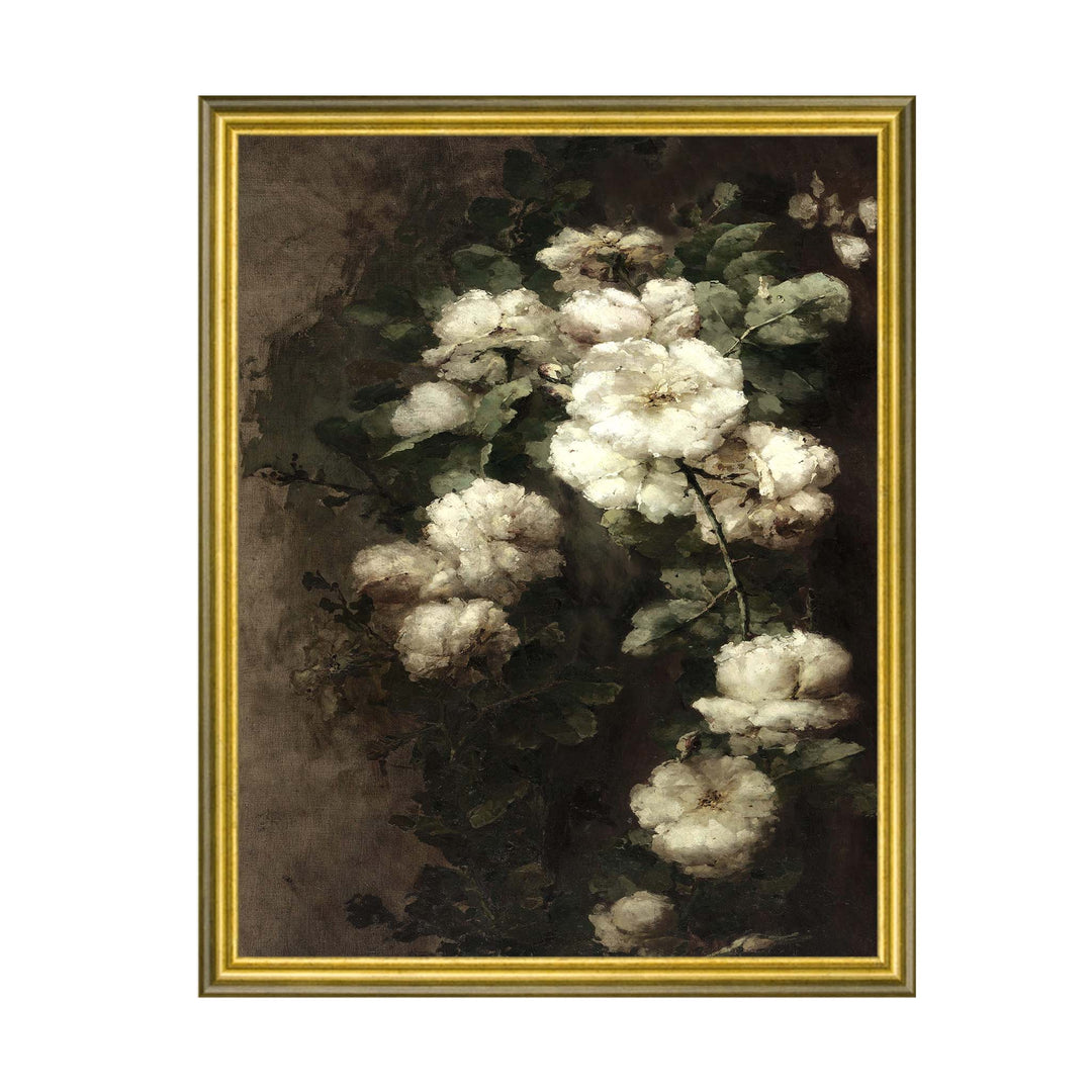 Vintage painting of white roses cascading down a dark and moody backgound