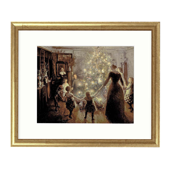 Painting of adults and children holding hands around a christmas tree with their faces glowing in the candle light