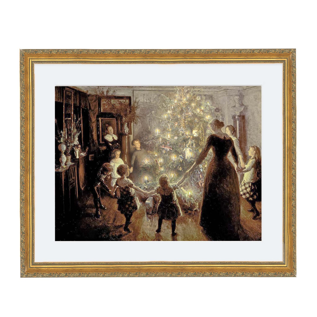Painting of adults and children holding hands around a christmas tree with their faces glowing in the candle light