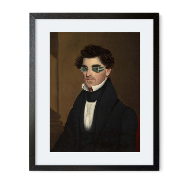 Portrait painting of a man wearing glasses made to protect him from lantern light, set on a dark and moody background
