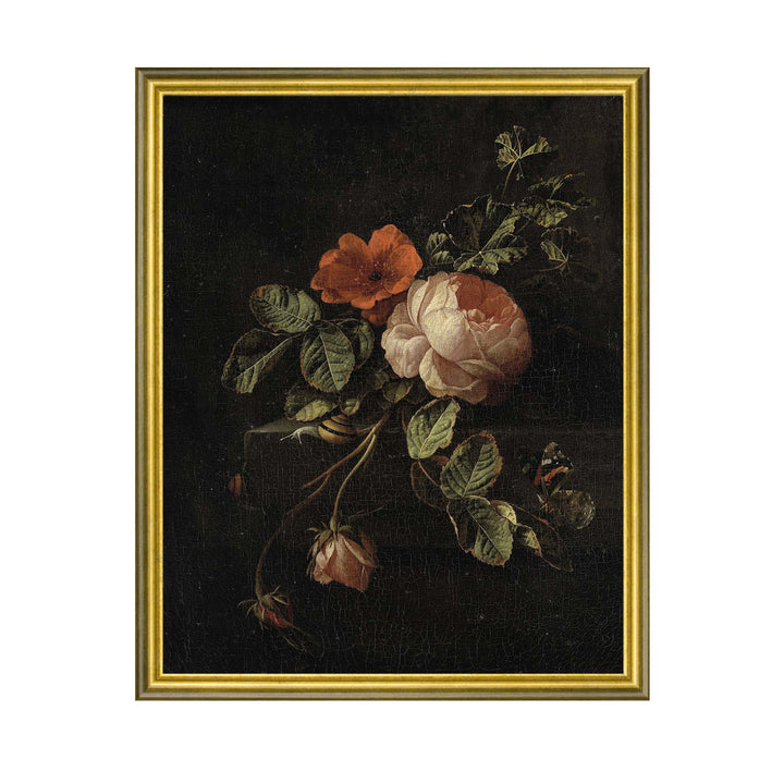 Vintage painting of red roses and a snail on a dark background with cracked paint