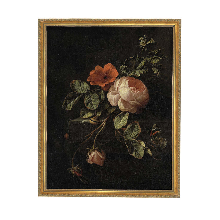 Vintage painting of red roses and a snail on a dark background with cracked paint