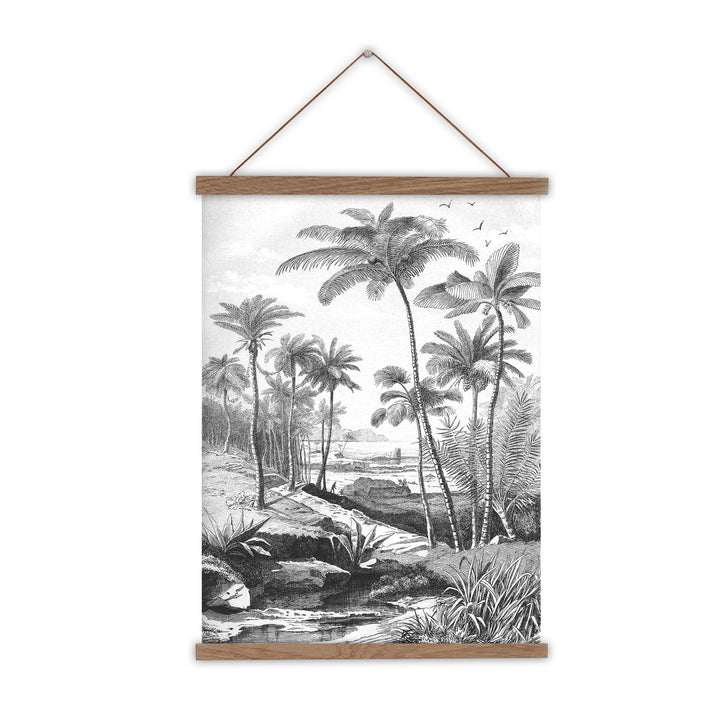 Vintage etching of palm trees along a river with a beach in the distance