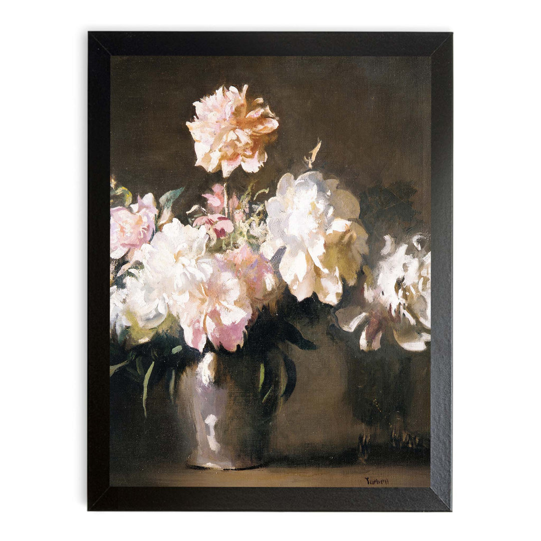 Still life painting of pink peonies on a dark and moody background