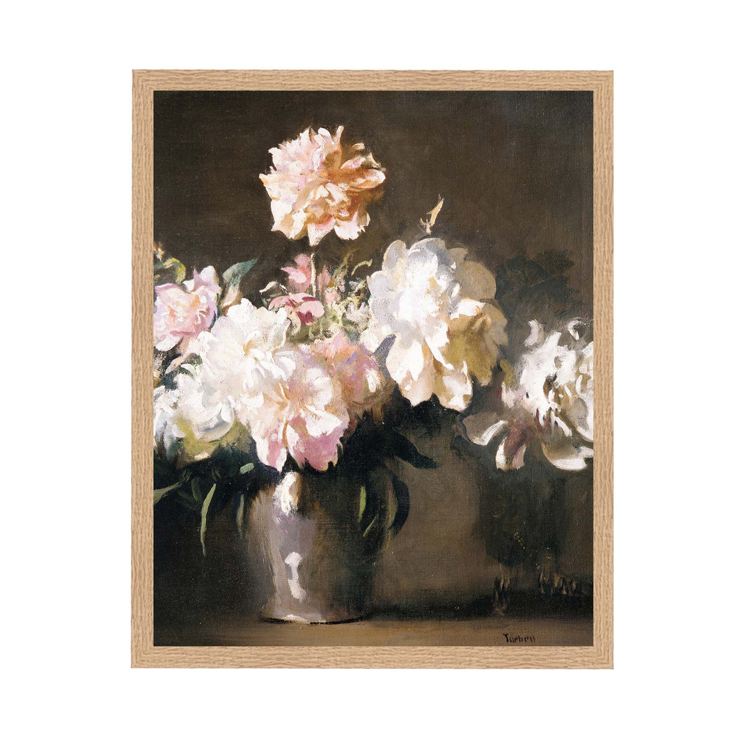 Still life painting of pink peonies on a dark and moody background