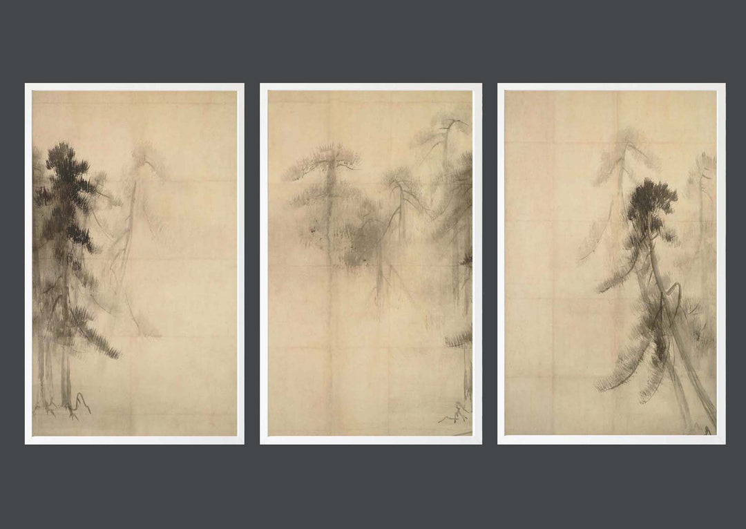 Set of three pine trees in the mist, painting adapted from Hasegawa Tōhaku’s Pine Trees