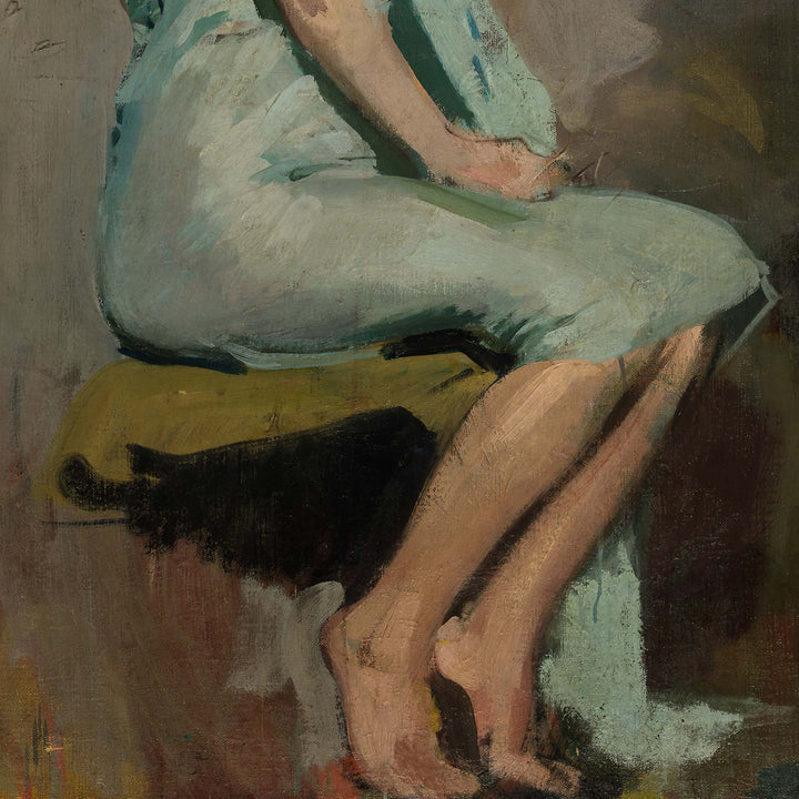 Portrait painting of a woman seated with a light blue robe around her on a dark background