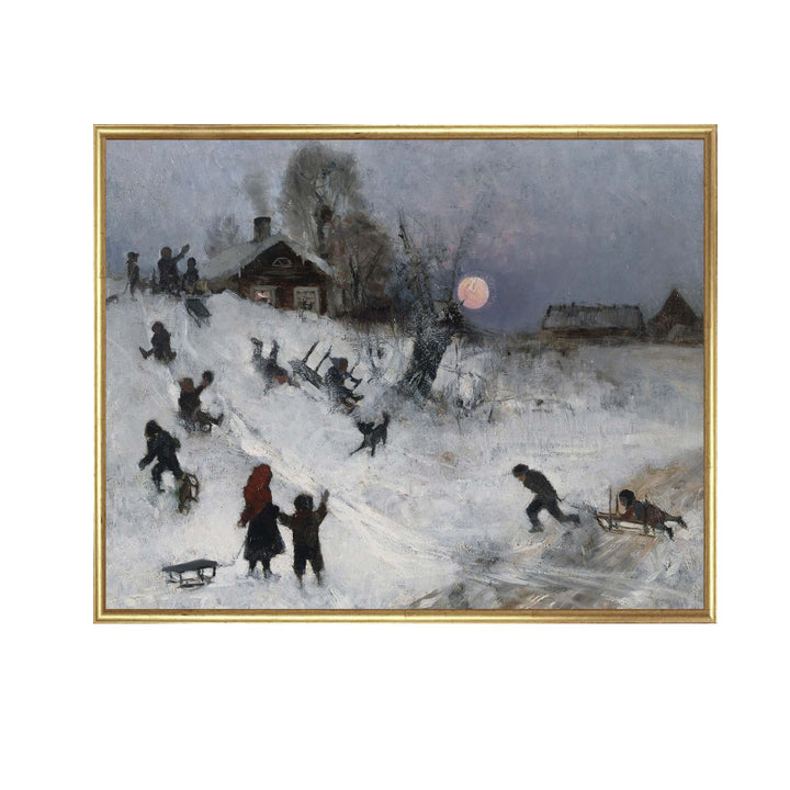 vintage painting of people sledging down a hill in the snow
