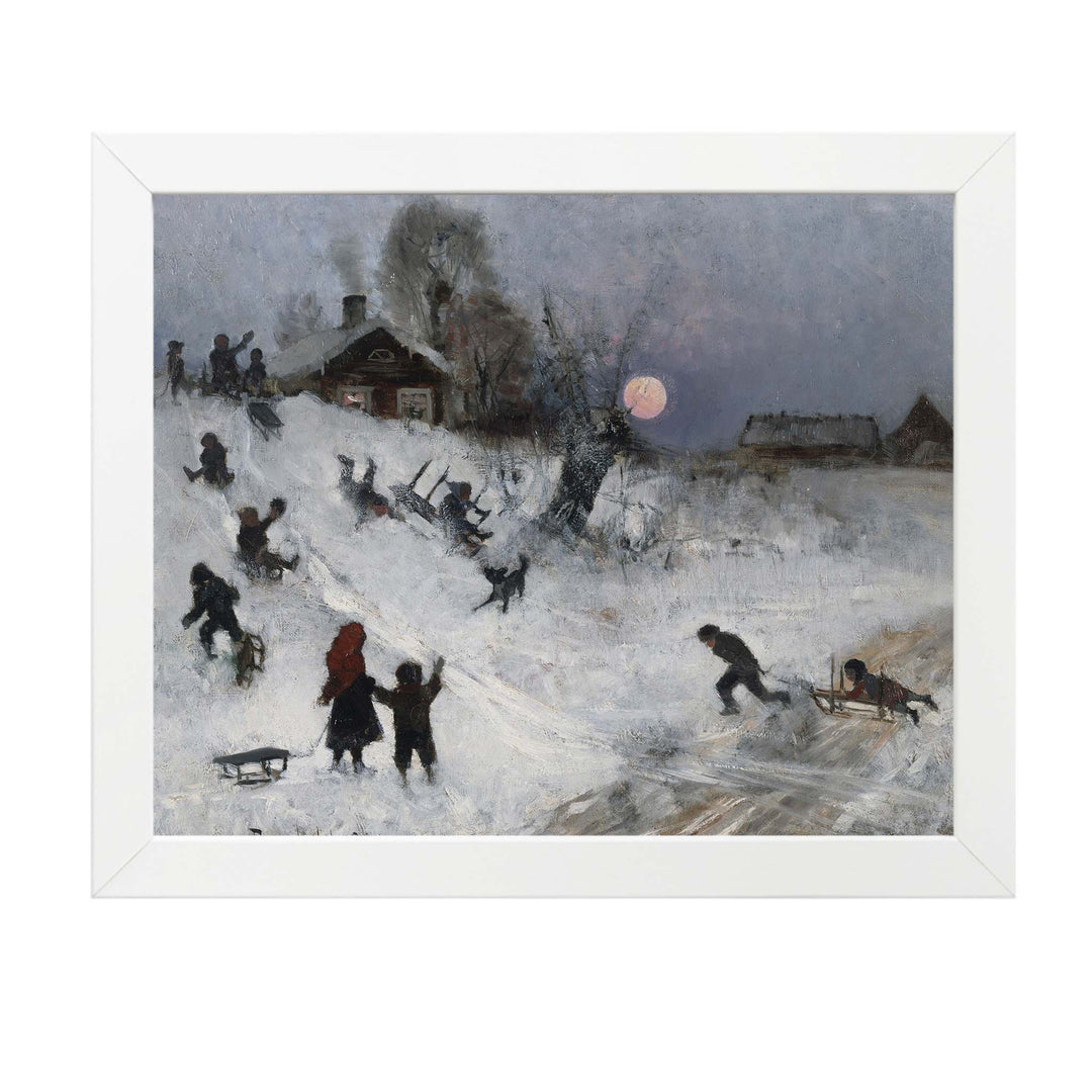 vintage painting of people sledging down a hill in the snow