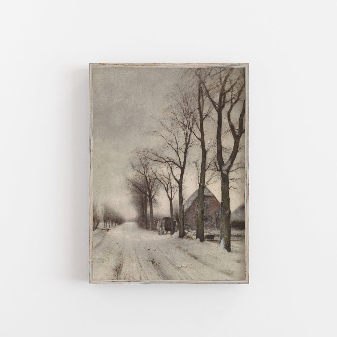 Vintage landscape painting snow covered lane