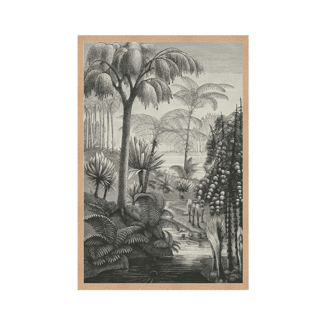 Black and white vintage etching of a swamp forest with a sepia background