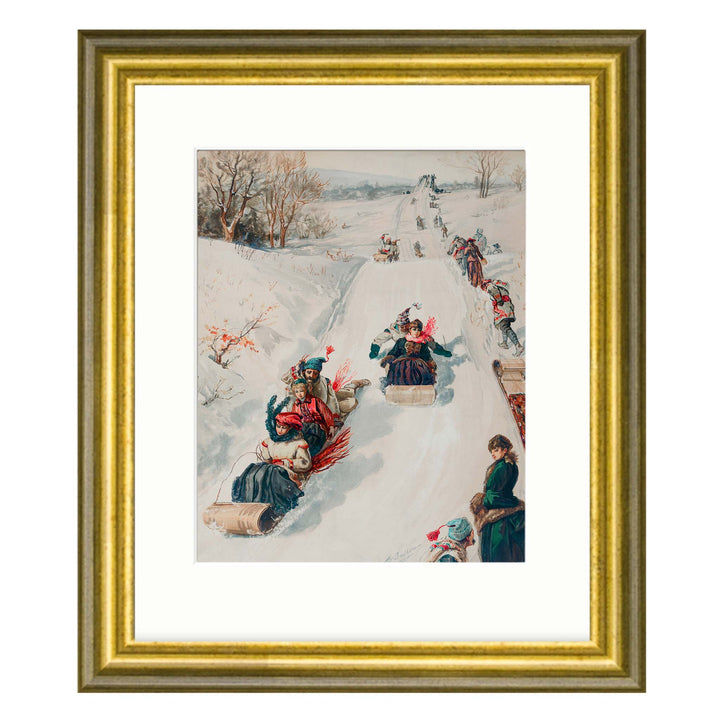 vintage painting of people tobogganing down a snowy hill