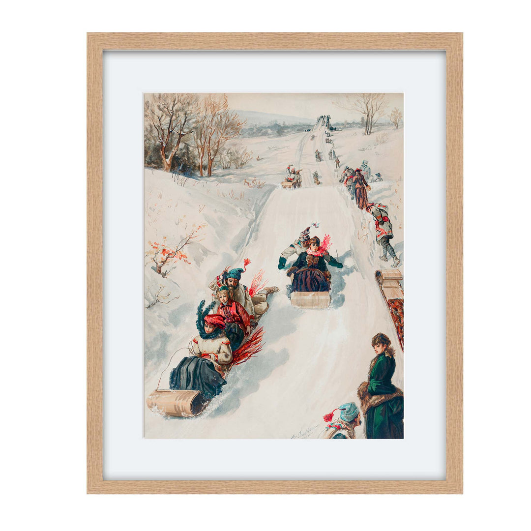 vintage painting of people tobogganing down a snowy hill