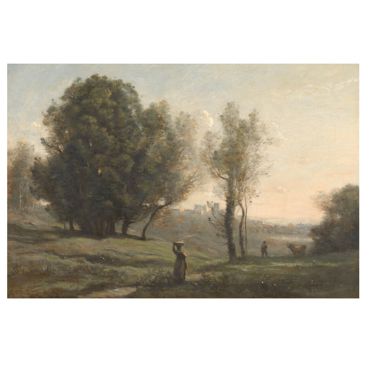 Vintage landscape painting of a woman carrying something on her head with a town in the distance - Attica Press