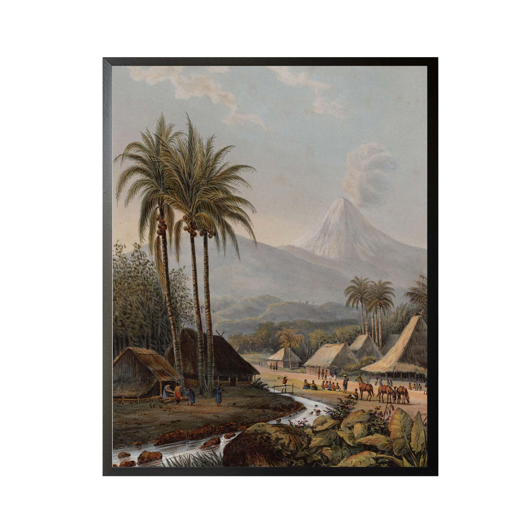Vintage painting showing a volcano in Java, Indonesia with village people in the foreground
