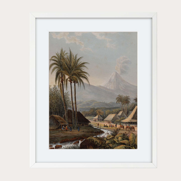 Vintage painting showing a volcano in Java, Indonesia with village people in the foreground