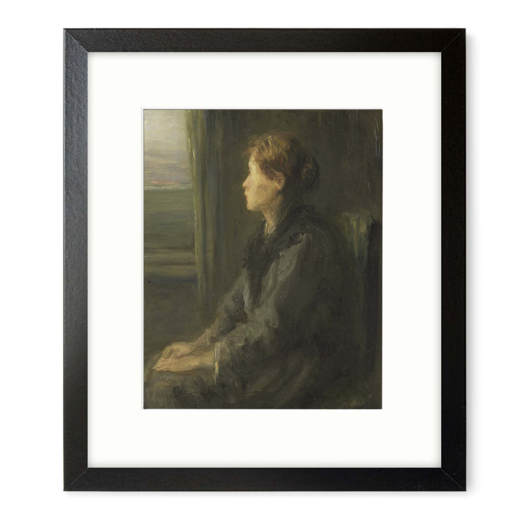 Vintag portrait painting of a woman looking out of a window