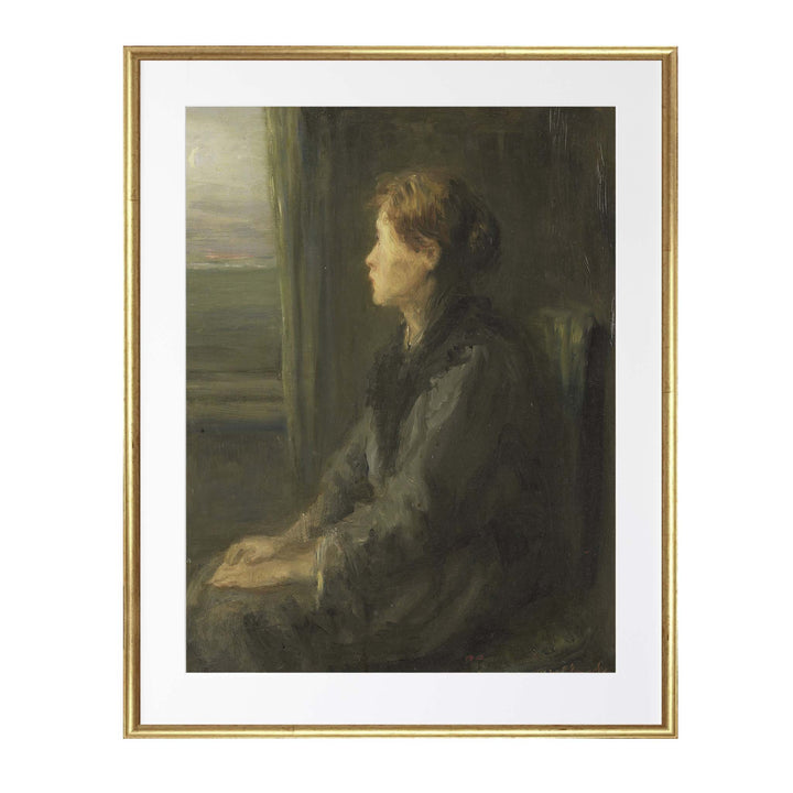 Vintag portrait painting of a woman looking out of a window