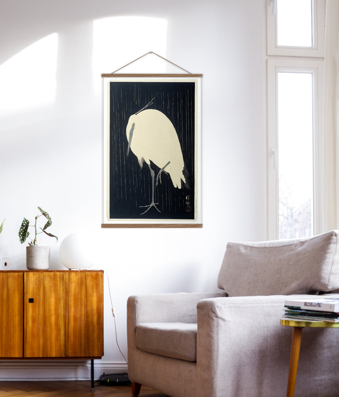 Japanese Egret in the rain wall hanging